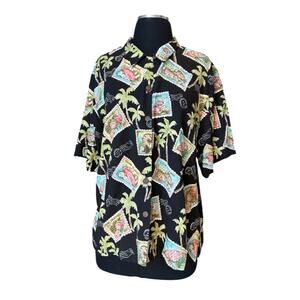 Kahala Hawaiian Islands Vintage Hawaiian Shell Stamps Women's Shirt Rayon Size L